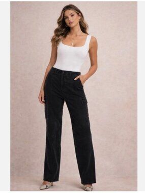 L'Agence Brooklyn High Waist Wide Leg Utility Jeans, 27, Black